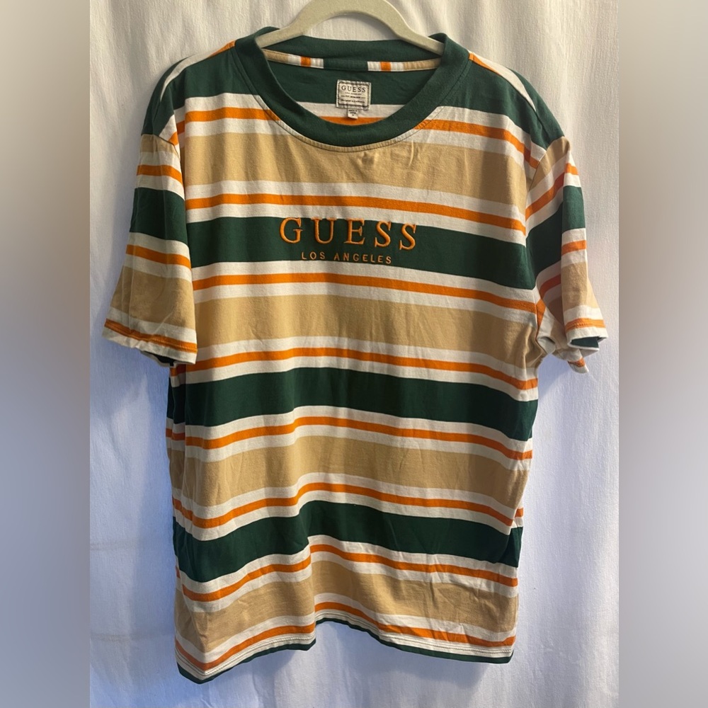 Guess green and orange Striped Tee Irish Ireland y2k
